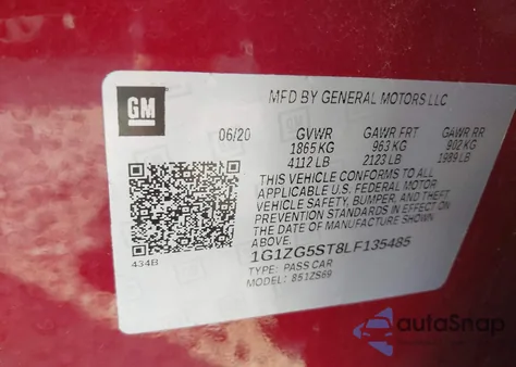 2020 Chevrolet Malibu Fwd Rs из США, поврежденный, VIN 1G1ZG5ST8LF135485